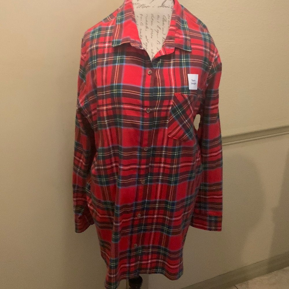 Tunic Length Plaid Flannel Button Down Shirt